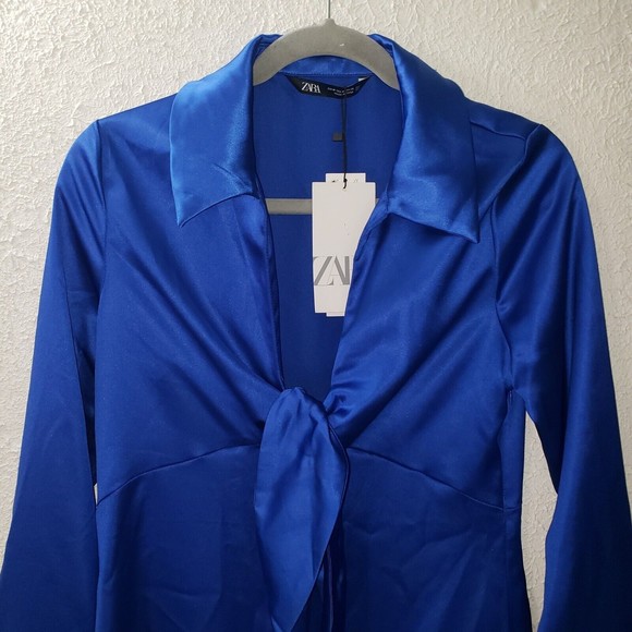 NWT Zara Sz M Satin Effect Blue Mini Dress Tie Front Long Sleeve Collared Deep V - Picture 6 of 15